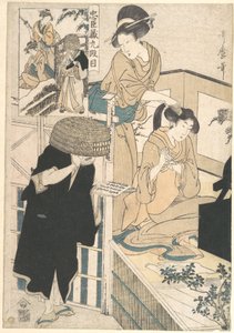 En kvinne ved toalettet sitt, sittende foran et speil, mens håret hennes kjemmes av en kameyui (kvinnelig frisør) av Kitagawa Utamaro