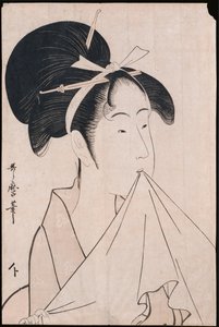 Et bysteportrett av Okita av Naniwaya som holder et håndkle i tennene og strekker kluten av Kitagawa Utamaro