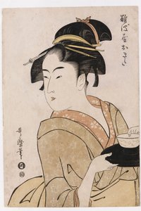 Et bysteportrett av servitrisen Okita fra Naniwaya Teahouse av Kitagawa Utamaro