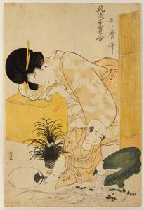 En mor som døser mens barnet hennes velter en fiskebolle, fra serien "Comparison of Fashionable Children" av Kitagawa Utamaro