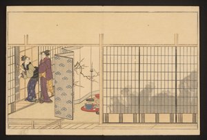 En fest i et hus med to kvinner til venstre av Kitagawa Utamaro