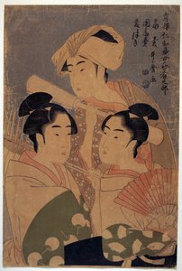 Artists of the Niwaka Festival - The Niwaka Performers av Utamaro, Kitagawa (1753-1806), ca. 1795 - Fargetresnitt, 38,6x25,7 - Privat samling av Kitagawa Utamaro