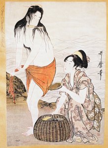Awabi (bløtdyr) fiskere i vann, ukiyo-e kunsttrykk av Kitagawa Utamaro (1753-1806), tresnitt, japansk sivilisasjon, Edo-perioden av Kitagawa Utamaro