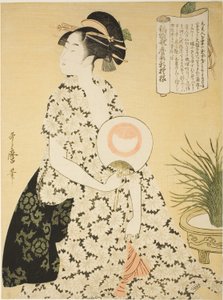 Beauty Wearing a Summer Kimono, fra serien "New Patterns of Brocade Woven in Utamaro Style" ("Nishiki-ori Utamaro-gata-shinmoyo") av Kitagawa Utamaro