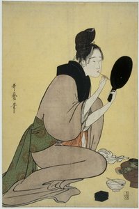 Bijin-ga. Jente som legger sminke på leppene av Kitagawa Utamaro