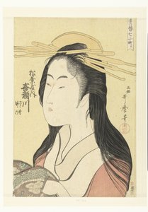 Bysteportrett av kurtisanen Kisegawa fra Matsubaya-huset. Matsubaya uchi Kisegawa (tittel på objekt) De syv Komachi fra lysthusene (serietittel) Seiro nana Komachi (serietittel på objekt) av Kitagawa Utamaro