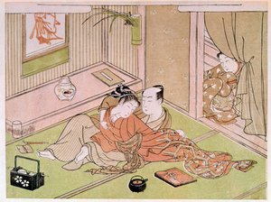 Par som kjærtegner under blikket til det japanske trykket av tjeneren Utamaro Kitagawa (1753-1806). 18. århundre. Paris, Guimet-museet, Nasjonalmuseet for asiatisk kunst av Kitagawa Utamaro