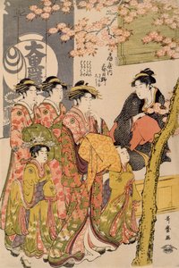 Kurtisaner som rusler under kirsebærtrær før Daiko, ca. 1789 (oban tate-e treblokktrykk, farge på papir) (detalj av 203664) av Kitagawa Utamaro