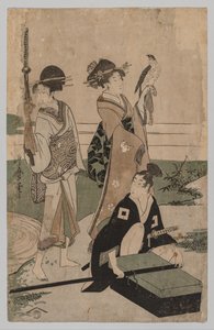 Daimio og hans følge krysser en bekk i sletten nær Fuji, 1753-1806. av Kitagawa Utamaro