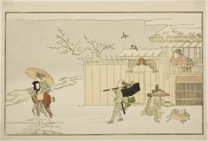 Leverer nyttårsgaver i snøen, fra den illustrerte kyoka-antologien "The Young God Ebisu (Waka Ebisu)" av Kitagawa Utamaro