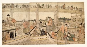 Fiskebåter med garn under Ryōgoku-broen av Kitagawa Utamaro