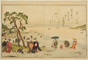 Samler skjell ved lavvann, fra den illustrerte boken "Gaver fra Ebb Tide (Shiohi no tsuto)" av Kitagawa Utamaro