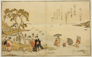 Samler skjell ved lavvann, fra den illustrerte boken "Gaver fra Ebb Tide (Shiohi no tsuto)" av Kitagawa Utamaro