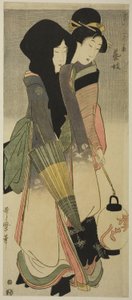 Geisha (Geigi), fra serien Three Amusements of Contemporary Beauties, ca. 1800 (farget treblokktrykk; naga-oban) av Kitagawa Utamaro