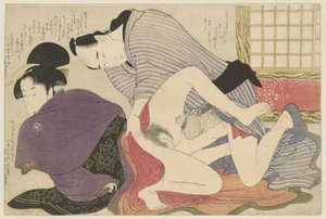 Geisha og elsker ved frittstående foldeskjerm Negai no itoguchi (serietittel) av Kitagawa Utamaro