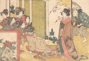 Girls Entertained by Performers, fra den illustrerte boken Flowers of the Four Seasons, 1801. av Kitagawa Utamaro