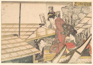 Jenter som går om bord i en båt, fra den illustrerte boken Årstidenes blomster av Kitagawa Utamaro