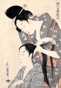 Frisør (Kamiyui) fra serien "Tolv typer damehåndverk (Fujin tewaza juniko)" av Kitagawa Utamaro