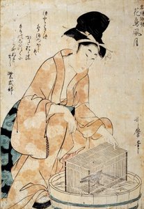 Japansk kunst: kvinne som sitter foran et fuglebur. Tegning av Outamaro (Utamaro) Kitagawa (1753-1806) Rennes fra 1700-tallet, Musee des Beaux Arts av Kitagawa Utamaro