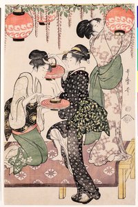 Unge jenter fra et japansk tehus som henger lykter fra en blåregn - Trykk av Kitagawa Utamaro (1753-1806), ca. 1795, linosnitt - Teahouse-jenter under en blåregn-espalier - Farge linosnitt av Kitagawa Utamaro (1753-1806) , ca1 av Kitagawa Utamaro