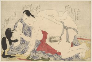 Ungt ektepar elsker på en sommerlig liggeunderlag Negai no itoguchi (serietittel) av Kitagawa Utamaro