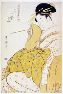Komurasaki of the Tamaya House - Komurasaki of the Tamaya av Utamaro, Kitagawa (1753-1806), c 1794 - Fargetresnitt, 38,4x25,2 - Privat samling av Kitagawa Utamaro