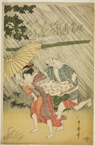 Lovers under an Umbrella, ca. 1797 (farget treblokktrykk; oban) av Kitagawa Utamaro