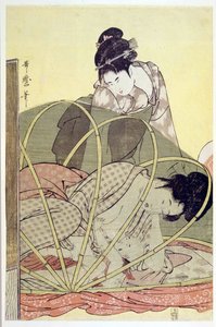 Mother Nursing Baby under myggnettet par Utamaro, Kitagawa (1753-1806), ca. 1795 - Fargetresnitt, 37,6x24,6 - Privat samling av Kitagawa Utamaro