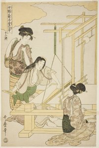 Nr. 12 (juni), fra serien "Kvinner Engasjert i Sericulture Industry (Joshoku kaiko tewaza-gusa)" av Kitagawa Utamaro