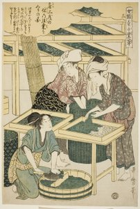 nr. 3 (san), fra serien "Women Engaged in the Sericulture Industry (Joshoku kaiko tewaza-gusa)" av Kitagawa Utamaro
