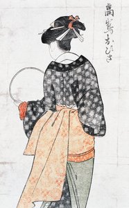 Ohisa fra Takashima Teahouse, Woman Inkimono With Fan, Ukiyoe Art Print av Kitagawa Utamaro (1753-1806) Zachion, Ed Perio d av Kitagawa Utamaro
