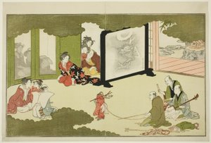 Performance of a Trained Monkey, fra en illustrert poesiantologi med tittelen "The Young God Ebisu (Waka Ebisu)" av Kitagawa Utamaro