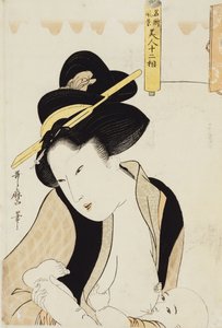 Portrett av en mor som ammer barnet sitt, fra serien "Twelve Types of Beautiful Woman with Landscapes of Famous Places" av Kitagawa Utamaro