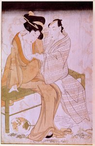 Representasjon av et japansk par som stryker hverandre på en benk. Trykk av Utamaro Kitagawa (1753-1806). Dim. 0,38x0,245 m. Paris, Muse Guimet, Nasjonalmuseet for asiatisk kunst