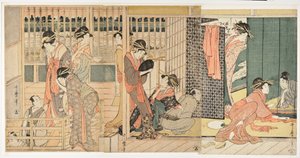Morgenscene i et japansk "toleransehus" (karitaku) - Trykk av Kitagawa Utamaro (1753-1806) av Kitagawa Utamaro