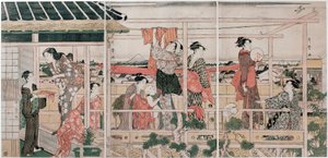 Sechage des vetements - Drying Clothes par Utamaro, Kitagawa (1753-1806), ca. 1790 - Fargetresnitt, 37,3x75,8 - Privat samling av Kitagawa Utamaro