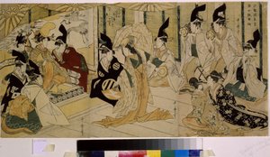 Shizuka Gozen danser under seremonien for Tsurugaoka Wakamiya-helligdommen. Shizuka Gozen (1100-tallet), danser og elskerinne til Minamoto no Yoshitsune (1159-1189). Verk av Kitagawa Utamaro (1754-1806), etsning, ca. 1796. Japansk kunst av Kitagawa Utamaro