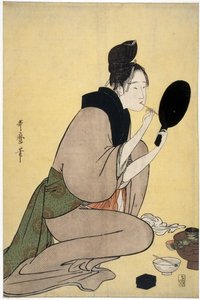 Om skjønnhet: kvinne som utgjør leppene hennes - Bijin-ga. Jente som sminker leppene sine av Utamaro, Kitagawa (1753-1806), - Fargetresnitt, 37,7x25,2 - Privat samling av Kitagawa Utamaro