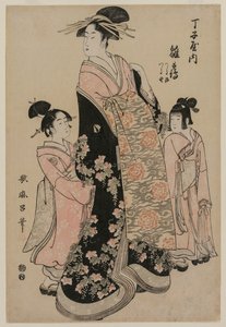 Te-san, Mr. Hinatsuru, når det er på tide å gå med det, Ah, Tendans, Tsurujis idé, Tsuruno av Kitagawa Utamaro
