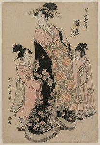 Kurtisanen Hinazuru fra Chojiya med hennes ledsagere Tsuruji og Tsuruno, ca. 1794. av Kitagawa Utamaro