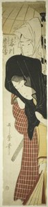 Kurtisanen Umegawa og Chubei fra budtjenesten (Umegawa, Chubei), ca. 1797 (farget treblokktrykk, hashira-e) av Kitagawa Utamaro