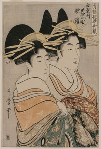 Courtesanene Kasugano og Utahama fra Tamaya fra serien Courtesans of the Pleasure Quarters in Double Mirrors av Kitagawa Utamaro