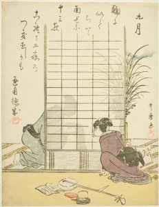 Den niende måneden (Kugatsu), fra en serie med sjangerscener uten tittel i løpet av de tolv månedene, med kyoka-dikt av Kitagawa Utamaro