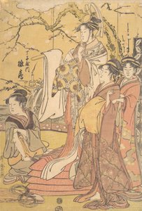 Oiran Hinazuru fra Chojiya står på en haug med futon, ca. 1794. av Kitagawa Utamaro