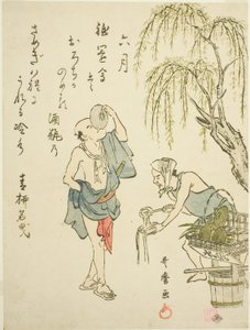 Den sjette måneden (Rokugatsu), fra en serie med sjangerscener uten tittel i løpet av de tolv månedene, med kyoka-dikt av Kitagawa Utamaro
