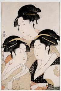 Tre vakre i vår tid. Japansk trykk av Utamaro Kitagawa (1753 - 1806) stil Ukiyo-E, ca. 1794. Paris, Musee Guimet av Kitagawa Utamaro