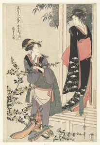 To kvinner ved en blomstrende yamabuki-busk: andre akt. Nidanme (tittel på objekt) Parodi på Chushingura av kjente skjønnheter. (serietittel) Komei bijin mitate Chushingura (serietittel på objekt) av Kitagawa Utamaro