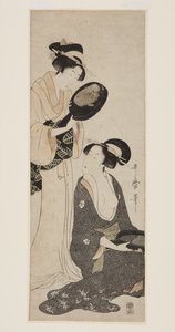 To damer, hver med en del av et lakkert speil (farget treblokktrykk) av Kitagawa Utamaro