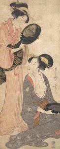 To damer, hver med en del av et lakkert speil, 1790-tallet. av Kitagawa Utamaro