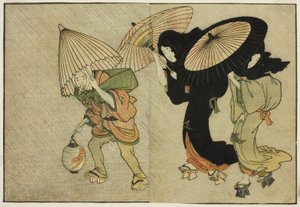 Two Women and Attendant Cathed in a Storm, fra den illustrerte boken "Picture Book: Flowers of the Four Seasons (Ehon shiki no hana)," vol. 2 av Kitagawa Utamaro